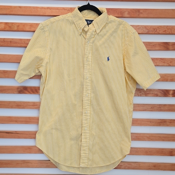 Ralph Lauren Men's Shirt Medium Classic Fit Yellow White Stripe Button Down - Picture 2 of 5
